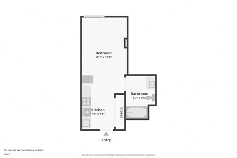 Floor plan for studio, 1 bath, 381 sqft
